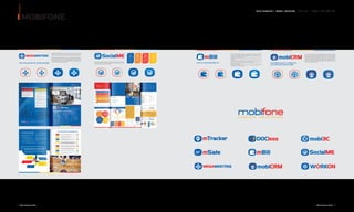 OUR SERVICE I CODE IDENTITY - DỊCH VỤ I NHẬN DIỆN CỐT LÕI
MOBIFONE
18 I Adina Vietnam Proﬁle Adina Vietnam Proﬁle I 19
Giải pháp thu thập và phân tích dữ liệu từ internet phục vụ xử
lý khủng hoảng truyền thông, quản lý thương hiệu, danh tiếng
và chăm sóc khách hàng trực tuyến
Bộ sản phẩm chuyên dụng cho việc tạo lập, xuất hóa đơn điện tử
và quản lý phát hành hóa đơn trực tuyến được cung cấp cho các tổ
chức / doanh nghiệp có đủ điều kiện theo các quy định nhà nước
về quản lí, phát hành hóa đơn.
Tiết kiệm chi phí in ấn, lưu trữ, bảo quản, chuyển phát hóa đơn
chứng từ.
Hóa đơn điện tử có thể liên kết với hệ thống phần mềm kế toán và
hệ thống bán hàng, thuận tiện việc xuất hóa đơn.
Giảm rủi ro mất hoặc thất lạc hóa đơn, cháy hỏng hóa đơn và các
khoản phạt liên quan…
Góp phần hiện đại hóa công tác quản trị doanh nghiệp, tăng sức
cạnh tranh cho doanh nghiệp.
DỊCH VỤ HÓA ĐƠN ĐIỆN TỬ
Chúng tôi nghiên cứu những giải pháp nhằm mang lại những
công cụ tối ưu nhất dành cho khách hàng. Trong thời kì cách mạng
công nghệ hiện nay khi những cách quản công cụ thủ công được
thay thế bằng những cách quản lý thông minh. Sự phát triển và
thành công của doanh nghiệp cần một trong những yếu tố về dịch
vụ chăm sóc khách hàng. MobiCRM giúp doanh nghiệp khắc phục
và tối ưu việc chăm sóc khách hàng của mình một cách nhanh
nhất và chuyên nghiệp nhất.
HỆ THỐNG QUẢN LÝ THÔNG TIN
VÀ CHĂM SÓC KHÁCH HÀNG
MegaMeeting Giải pháp Hội nghị truyền hình mạnh mẽ, truy
cập với một Web linh hoạt và tùy biến với giải pháp Video
Conferencing hỗ trợ đa nền tảng Windows, MAC, iOS, Android
MegaMeeting được thiết kế cho các cá nhân, doanh nghiệp và
các tập đoàn lớn tiến hành cuộc họp, hội nghị trực tuyến tại
nhiểu địa điểm trên toàn cầu. MegaMeeting cung cấp nhiều giá
trị hơn và linh hoạt, so với việc phải bỏ chi phí và thời gian cho
việc đi lại và tổ chức họp trực tiếp.
GIẢI PHÁP QUẢN TRỊ DOANH NGHIỆP
Th c hi n h tr sau bán
hàng & h tr k thu t
MEGAMEETING RA ĐỜI VÌ KHÁCH HÀNG
Trong th i đ i k nguyên công ngh s , kinh t trên toàn c u v i nhi u cơ h i giao
thương h p tác và m r ng kinh doanh, m r ng văn phòng gi a các doanh nghi p
trong và ngoài nư c. Mobifone cung c p gi i pháp MegaMeeting cho các doanh
nghiêp nh m t i ưu hóa các m c đích:
Đào t o tr c tuy n
T ch c cu c h p và
h i th o qua Internet
Xây d ng m i quan h
v i các đ i tác t xa
Ch ng minh s n
ph m và d ch v
Các doanh nghi p hi n nay đang này càng m
r ng quy mô v i các văn phòng, chi nhánh tr i
kh p m i mi n và trên qu c t
Các cơ quan, ban ngành luôn có nhu c u h i
ngh t trung ương t i đ a phương, t thành ph
t i các huy n xã vùng sâu, xa, h i đ o.
Các s n ph m h i ngh truy n hình c a nư c
ngoài c n đ u tư l n và đ i ngũ chuyên gia v n
hành (Polycom, Cisco…)
Các s n ph m hi n nay trên th trư ng Vi t
Nam chưa linh ho t và giá cũng cao so v i nhu
c u c a s đông
Mobifone đã tìm ki m và đưa ra m t gi i pháp
mang l i giá tr cao nh t cho khách hàng -
MegaMeeting - H i ngh truy n hình s d ng
đư c trên c 3G, 4G - rút ng n kho ng cách đ a
lý, giao ti p ti n l i, gi m thi u chi phí cho
doanh nghi p.
TỪ THỰC TẾ CHO THẤY
ĐẶC ĐIỂM NỔI BẬT CỦA MEGAMEETING
Cung c p D ch v h p h i ngh tr c tuy n1
Khách hàng ch c n thuê bao d ch v MegaMeeting,
không c n đ u tư thi t b t n kém3
4 Khách hàng có th ng i b t c đâu đ u có th tham gia
h p (trong nư c, nư c ngoài, thành ph , nông thôn,
mi n núi), mi n là có k t n i internet (LAN/Wifi/3G/4G)
Phòng h p o đư c thi t l p trên h th ng
MegaMeeting c a Mobifone2
Khách hàng s d ng ngay chính máy tính, laptop ho c
đi n tho i di đ ng, máy tính b ng đ tham gia h i ngh5
Chi phí r t r , yêu c u băng thông th p h tr tích c c,
thi t k cho các doanh nghi p SME và th trư ng VN6
Áp d ng tiêu chu n b o m t AES 256bit/Blowfish
7
S d ng công ngh đi n toán đám mây
8
 