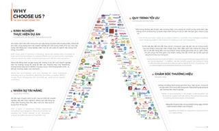 Không chỉ đồng hành trong quá trình thực hiện dự án, chúng tôi
còn sát cánh, hỗ trợ và tư vấn trong suốt chặng đường xây dựng tài
sản thương hiệu doanh nghiệp.
Beside of accompanying in the project implementation, we
do stand by, support and give advice throughout the journey
in building the brand equity of businesses.
Nâng tầm thương hiệu của quý khách hàng ngày một lớn
mạnh là trách nhiệm của chúng tôi.
Upgrading the brand of customers to grow strong is
our responsibility.
Một trong những yếu tố làm nên thương hiệu của chúng tôi chính là quy trình làm việc
thông minh và khoa học từ bước tiếp nhận thông tin dự án đến khi bàn giao, thanh lý dự
án.
One of the elements made up our brand name is a scientiﬁc and intelligent workﬂow
from receiving project’s information to handing it over and liquidation.
Từ khi bắt đầu đến khi kết thúc dự án, chúng tôi luôn lấy yêu cầu và mong muốn
của quý khách hàng làm tiêu chuẩn thực hiện. Bên cạnh đó, chúng tôi cũng hỗ
trợ, tư vấn để mang đến cho quý khách hàng những giải pháp tối ưu, giảm thiểu
chi phí cũng như thời gian cho khách hàng. Tiến độ chính xác và kết quả hài
lòng là lời hứa của chúng tôi.
During the process implementation, customer's requirements and expectations are
our priority standard. In addition, we also provide support and advice to bring
customers optimal solutions to reduce costs as well as the time of customers. The
accurate progress and satisfactory result are our promises.
Với nhiều năm làm việc trong lĩnh vực xây dựng và phát triển thương hiệu, Adina đã
làm việc cùng hàng trăm các doanh nghiệp lớn nhỏ trong nhiều lĩnh vực như: xây
dựng, bất động sản, công nghiệp, điện, bán lẻ, sản xuất tới ngành tiêu dùng, thời
trang, mỹ phẩm...
With many years of working in branding, Adina has worked with hundreds of
large and small businesses in a variety of ﬁelds such as construction, real estate,
industry, electricity, retail, consuming production, fashion, and cosmetics...
Adina đã đồng hành và gây dựng nên không ít các tên tuổi doanh nghiệp
trên thị trường, trong đó phải kể đến các thương hiệu như Mobifone,
chứng khoán Bảo Minh (BMSC), Honda, Fecon, Nhà Khang Điền, EVN… là
đối tác thường xuyên của chúng tôi.
Adina has accompanied with and branded for many businesses
including such as Mobifone, Baominh Securities Company (BMSC),
Honda, Fecon, Khang Dien JSC, and EVN, etc...what are our regular
customers.
WHY
CHOOSE US ?
TẠI SAO CHỌN CHÚNG TÔI?
KINH NGHIỆM
THỰC HIỆN DỰ ÁN
EXPERIENCE IN PROJECT IMPLEMENTATION
NHÂN SỰ TÀI NĂNG
TALENTED STAFFS
QUY TRÌNH TỐI ƯU
OPTIMIZATION PROCESS
CHĂM SÓC THƯƠNG HIỆU
BRAND CARE
06 I Adina Vietnam Proﬁle Adina Vietnam Proﬁle I 07
Đ Ô T H Ị H Ả I P H Ò N G
.vn
Với đội ngũ chuyên viên tư vấn, hoạ sỹ thiết kế chuyên
nghiệp, dày dặn kinh nghiệm, Adina cam kết sáng tạo
nhận diện thương hiệu độc đáo, mới mẻ, hiệu quả sử
dụng thực tế lâu dài.
With a team of excellently skilled experienced
consultants and designers, Adina is committed to
creating the brand identity in an innovative,
unique, and effective way for long-term use.
 