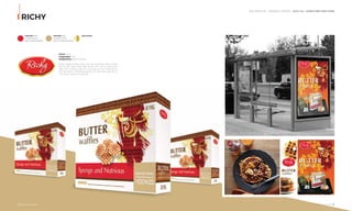OUR SERVICE I PACKAGE DESIGN - DỊCH VỤ I NHẬN DIỆN SẢN PHẨM
RICHY
PANTONE 1234C
C5 M100 Y90 K0
R227 G30 B48 #E31E30
PANTONE 1234C
C20 M30 Y55 K0
R207 G174 B128 #CFAE80
GOLD COLOR
Client: Richy
Coppyright: 2017
Designed by: Adina Vietnam
Butter waﬂes là dòng bánh cao cấp của Richy, được ra mắt
vào dịp Tết. Adina thực hiện dự án chỉn chu từ chụp hình
bánh, lên ý tưởng, thiết kế tỉ mỉ từng con chữ, từng nét vẽ
trên sản phẩm. Thiết kế hướng tới mục tiêu bánh cao cấp, là
món quà ý nghĩa cho ngày tết.
Adina Vietnam Proﬁle I 9190 I Adina Vietnam Proﬁle
 