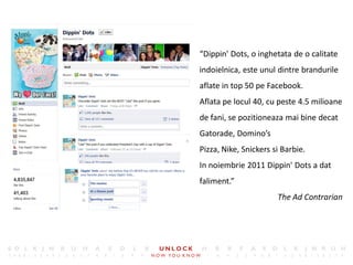 3




“Dippin' Dots, o inghetata de o calitate
indoielnica, este unul dintre brandurile
aflate in top 50 pe Facebook.
Aflata pe locul 40, cu peste 4.5 milioane
de fani, se pozitioneaza mai bine decat
Gatorade, Domino’s
Pizza, Nike, Snickers si Barbie.
In noiembrie 2011 Dippin' Dots a dat
faliment.”
                       The Ad Contrarian
 