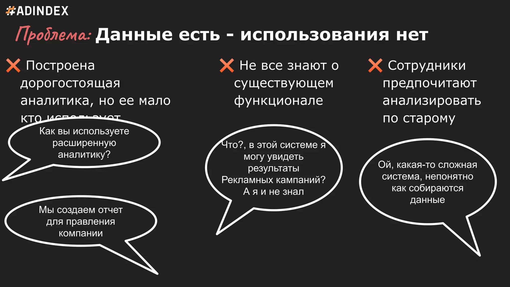Проблема: Данные есть - использования нет
✖ Построена
дорогостоящая
аналитика, но ее мало
кто использует
✖ Не все знают о
существующем
функционале
✖ Сотрудники
предпочитают
анализировать
по старому
Мы создаем отчет
для правления
компании
Как вы используете
расширенную
аналитику?
Что?, в этой системе я
могу увидеть
результаты
Рекламных кампаний?
А я и не знал
Ой, какая-то сложная
система, непонятно
как собираются
данные
 