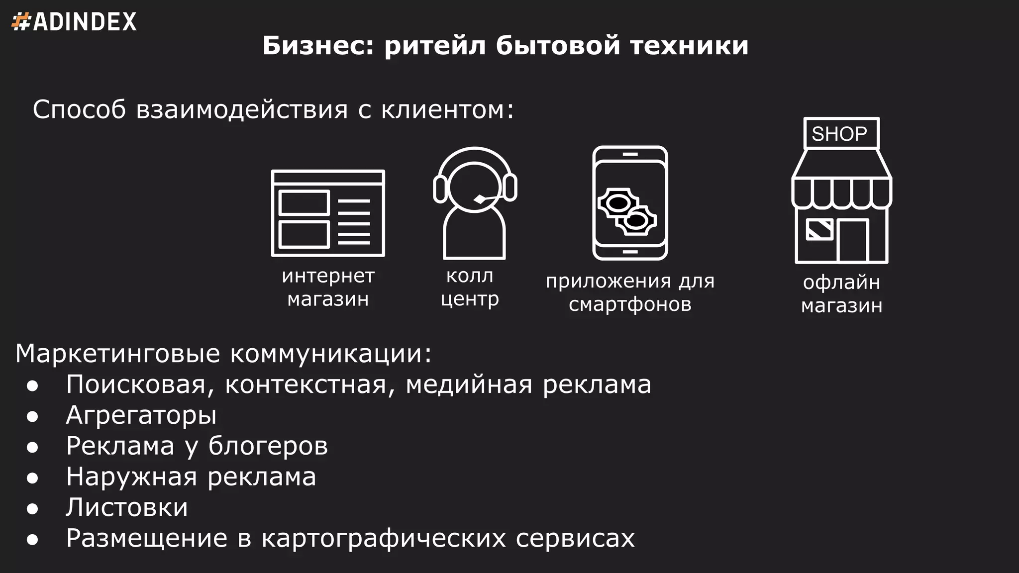 Способ взаимодействия с клиентом:
Маркетинговые коммуникации:
● Поисковая, контекстная, медийная реклама
● Агрегаторы
● Реклама у блогеров
● Наружная реклама
● Листовки
● Размещение в картографических сервисах
Бизнес: ритейл бытовой техники
SHOP
офлайн
магазин
интернет
магазин
колл
центр
приложения для
смартфонов
 