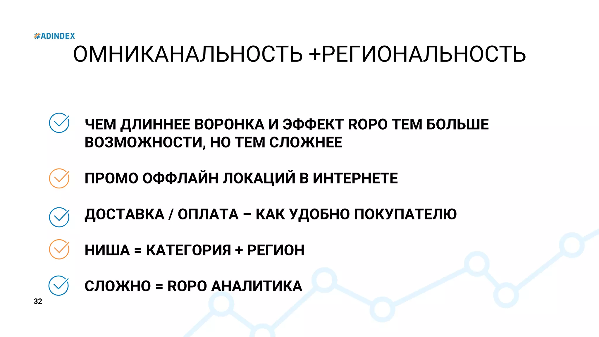 32
ЧЕМ ДЛИННЕЕ ВОРОНКА И ЭФФЕКТ ROPO ТЕМ БОЛЬШЕ
ВОЗМОЖНОСТИ, НО ТЕМ СЛОЖНЕЕ
ПРОМО ОФФЛАЙН ЛОКАЦИЙ В ИНТЕРНЕТЕ
ДОСТАВКА / ОПЛАТА – КАК УДОБНО ПОКУПАТЕЛЮ
НИША = КАТЕГОРИЯ + РЕГИОН
СЛОЖНО = ROPO АНАЛИТИКА
ОМНИКАНАЛЬНОСТЬ +РЕГИОНАЛЬНОСТЬ
 