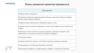 16Pag
e
Этапы развития проектов (процессы)
Старт проекта
Глубокий анализ конкурентов
Оптимизация аккаунтов (замена/создание обложки и аватаров Facebook, Instagram,
замена шапки профиля Instagram)
Разработка идеи шаблонов для соблюдения единого стиля
Создание контент-стратегии (рубрикатор, контент-план, график постов, контент-план
сторис)
Реализация контент-стратегии (создание вижуалов, написание копирайта, сбор
публикаций с отложенным постингом в Facebook, Instagram)
Построение воронки
Создание рекламного аккаунта, построение структуры рекламных кампаний
Сопровождение и оптимизация рекламных кампаний
Реализация масслайкинга, массфоловинга в Instagram, инвайтинга в Facebook
 