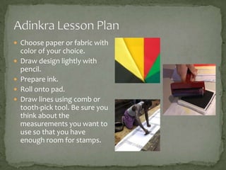  Choose paper or fabric with







color of your choice.
Draw design lightly with
pencil.
Prepare ink.
Roll onto pad.
Draw lines using comb or
tooth-pick tool. Be sure you
think about the
measurements you want to
use so that you have
enough room for stamps.

 
