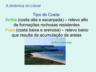 Tipo de Costa:
Arriba (costa alta e escarpada) – relevo alto
de formações rochosas resistentes
Praia (costa baixa e arenosa) – relevo baixo
que resulta da acumulação de areias
Arriba (costa alta)
Praia (costa baixa)
A dinâmica do Litoral
 