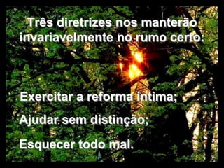 Três diretrizes nos manterão 
invariavelmente no rumo certo: 
Exercitar a reforma íntima; 
Ajudar sem distinção; 
Esquecer todo mal. 
 