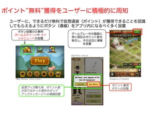 ポイント”無料”獲得をユーザーに積極的に周知	
 ユーザーに、できるだけ無料で仮想通貨（ポイント）が獲得できることを認識
 してもらえるようにボタン（導線）をアプリ内になるべく多く設置	
 	
   ボタン設置のの事例	
  	
  	
  
  ホームスクリーンや メイ                 ゲームプレー中の画面に
   ンメニューへの設置	
                 常に現在のポイント数を
                               表示し、その近辺に導線
                                   を設置	
  



                               High	
  Noon,	
  pop-­‐up	
  




  Baby Monkey, home screen	
                                   Kingdoms of Camelot	


                                                                 ポイント獲得	
       仮想グッズ購入時、ポイント数                                            ボタンの設置	
  
       が足りなかった場合のポップ
       アップメッセージへの導線設置	
  
 