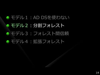 モデル１：AD DSを使わない
モデル２：分割フォレスト
モデル３：フォレスト間信頼
モデル４：拡張フォレスト




                  14
 