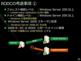 RODCの考慮事項 ①
 フォレスト機能レベル               ：Windows Server 2003以上
  － Linked-value replication (LVR) 機能
 ドメ゗ン機能レベル                ：Windows Server 2003以上
  － Kerberos の強制委任機能
  Windows Server 2008 スキーマに拡張
  － Windows Server 2008 DC が必須
  2008 RWDC は RODC と同一ドメ゗ンに展開
  － RODC の複製元は 2008 RWDC とする


                                        2008 RWDC
    RODC


                                        2003 RWDC


                                                    26
 