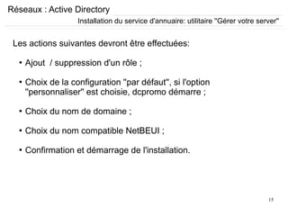 15
Réseaux : Active Directory
Les actions suivantes devront être effectuées:
●
Ajout / suppression d'un rôle ;
●
Choix de la configuration ''par défaut'', si l'option
''personnaliser'' est choisie, dcpromo démarre ;
●
Choix du nom de domaine ;
●
Choix du nom compatible NetBEUI ;
●
Confirmation et démarrage de l'installation.
Installation du service d'annuaire: utilitaire ''Gérer votre server''
 