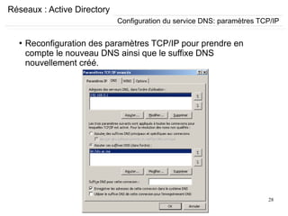 28
Réseaux : Active Directory
●
Reconfiguration des paramètres TCP/IP pour prendre en
compte le nouveau DNS ainsi que le suffixe DNS
nouvellement créé.
Configuration du service DNS: paramètres TCP/IP
 