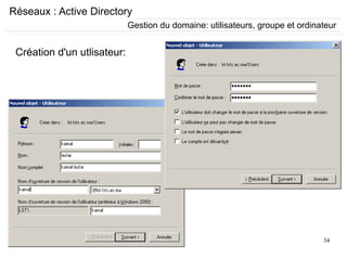 34
Réseaux : Active Directory
Création d'un utlisateur:
Gestion du domaine: utilisateurs, groupe et ordinateur
 