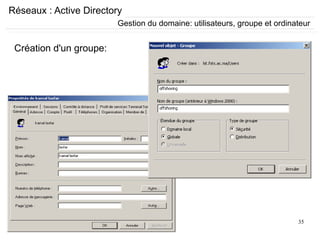 35
Réseaux : Active Directory
Création d'un groupe:
Gestion du domaine: utilisateurs, groupe et ordinateur
 