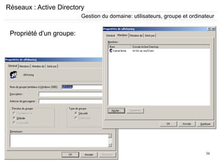 36
Réseaux : Active Directory
Propriété d'un groupe:
Gestion du domaine: utilisateurs, groupe et ordinateur
 