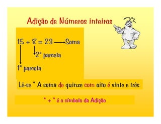 Adição de Números inteiros
15 + 8 = 23 Soma
2ª parcela
1ª parcela
Lê-se “ A soma de quinze com oito é vinte e três
“ + “ é o símbolo da Adição
 