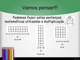Vamos pensar!!!
Podemos fazer estas sentenças
matemáticas utilizando a multiplicação.
2 + 2 + 2 + 2 + 2 + 2 + 2 + 2 = 16
ou
8 x 2 =16
4 + 4 + 4 + 4 = 16
ou
4 x 48 + 8 = 16
ou
2 x 8 = 16
 