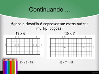 Continuando ...
Agora o desafio é representar estas outras
multiplicações:
13 x 6 = 16 x 7 =
13 x 6 = 78 16 x 7 = 112
 