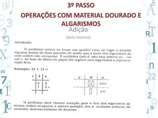 13
3º PASSO
OPERAÇÕES COM MATERIAL DOURADO E
ALGARISMOS
Adição
(Sem reserva)