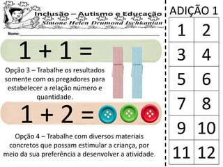 1 + 1 =
1 + 2 =
ADIÇÃO 1
1 2
3 4
5 6
7 8
9 10
11 12
Opção 3 – Trabalhe os resultados
somente com os pregadores para
estabelecer a relação número e
quantidade.
Opção 4 – Trabalhe com diversos materiais
concretos que possam estimular a criança, por
meio da sua preferência a desenvolver a atividade.