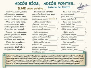 Adiós ríos, adiós fontes ;        Amoriñas das silveiras                Xa se oien lonxe, moi _____ ,
adiós regatos pequenos ;          que eu lle daba ó meu amor ;          as campanas do ________ ;
adiós vista dos meus ollos ,      camiñiños antre o          ,          para min, ¡ai!, __________ ,
non sei cando nos veremos .       ¡adiós, para sempre ______ !          nunca máis han de ______ .
  Miña terra, miña terra ;          ¡Adiós groria! ¡Adiós ______ !        Xa se oien lonxe, máis ____ ;
terra donde me eu criei ;         ¡Deixo a casa onde ______ ;           cada balada é un ______ ;
hortiña que quero tanto ;         deixo a aldea que ________            voume soio, sin ________ ...
figueiriñas que prantei .         por un mundo que non _____ !          ¡Miña terra, ¡adiós!, ¡_____ !
  Prados, ríos, arboredas ,         Deixo amigos por ________ ,           ¡Adiós tamén, _________ !...
pinares que move o vento ,        deixo a veiga polo ______ ,           ¡Adiós por sempre _______ !...
paxariños piadores ,              deixo, en fin, canto ben ______...    Dígoche este adiós ________
casiña do meu contento .          ¡Quen puidera non ________ !          desde a beiriña do ______ .
  Muíño dos castañares ,            Adiós, adiós, que me _____ ,          Non me olvides, ________ ,
noites craras de luar ,           herbiñas do ______________ ,          si morro de _______ ...
campaniñas timbradoras ,          donde meu pai se _________ ,          tantas légoas mar ________ ...
da igrexiña do lugar .            herbiñas que biquei ______ ,          ¡Miña casiña!,¡meu _____ !
                                  terriña que nos _______ .

 [adentro] [adiós][amor] [arboredas][arrimo] [camposanto] [castañares] [chorando] [coitadiño]
 [conozo] [contento] [criei][criou][deixar] [dolor][enterrou] [estraños] [fontes][lar] [lonxe] [luar]
 [lugar] [mar] [millo][nacín][ollos][pequenos] [piadores] [Pomar] [prantei] [queridiña] [quero]
 [quizais][silveiras][soidás] [tanto] [terra][timbradoras] [tocar] [vento] [veremos] [vin][vou]
 