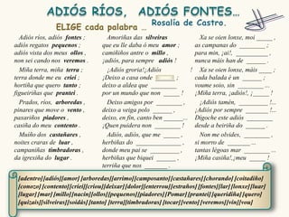Adiós ríos, adiós fontes ;        Amoriñas das silveiras             Xa se oien lonxe, moi _____ ,
adiós regatos pequenos ;          que eu lle daba ó meu amor ;       as campanas do ________ ;
adiós vista dos meus ollos ,      camiñiños antre o millo ,          para min, ¡ai!, __________ ,
non sei cando nos veremos .       ¡adiós, para sempre adiós !        nunca máis han de ______ .
  Miña terra, miña terra ;          ¡Adiós groria!¡Adiós            ! Xa se oien lonxe, máis ____ ;
terra donde me eu criei ;         ¡Deixo a casa onde ______ ;        cada balada é un ______ ;
hortiña que quero tanto ;         deixo a aldea que ________         voume soio, sin ________ ...
figueiriñas que prantei .         por un mundo que non _____ !       ¡Miña terra, ¡adiós!, ¡_____ !
  Prados, ríos, arboredas ,         Deixo amigos por ________ ,        ¡Adiós tamén, _________ !...
pinares que move o vento ,        deixo a veiga polo ______ ,        ¡Adiós por sempre _______ !...
paxariños piadores ,              deixo, en fin, canto ben ______... Dígoche este adiós ________
casiña do meu contento .          ¡Quen puidera non ________ !       desde a beiriña do ______ .
  Muíño dos castañares ,            Adiós, adiós, que me _____ ,       Non me olvides, ________ ,
noites craras de luar ,           herbiñas do ______________ ,       si morro de _______ ...
campaniñas timbradoras ,          donde meu pai se _________ ,       tantas légoas mar ________ ...
da igrexiña do lugar .            herbiñas que biquei ______ ,       ¡Miña casiña!,¡meu _____ !
                                  terriña que nos _______ .

 [adentro] [adiós][amor] [arboredas][arrimo] [camposanto] [castañares] [chorando] [coitadiño]
 [conozo] [contento] [criei][criou][deixar] [dolor][enterrou] [estraños] [fontes][lar] [lonxe] [luar]
 [lugar] [mar] [millo][nacín][ollos][pequenos] [piadores] [Pomar] [prantei] [queridiña] [quero]
 [quizais][silveiras][soidás] [tanto] [terra][timbradoras] [tocar] [vento] [veremos] [vin][vou]
 