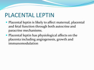 PLACENTAL LEPTIN
 Placental leptin is likely to affect maternal, placental
and fetal function through both autocrine and
paracrine mechanisms.
 Placental leptin has physiological affects on the
placenta including angiogenesis, growth and
immunomodulation
 