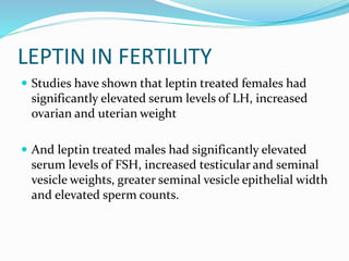 LEPTIN IN FERTILITY
 Studies have shown that leptin treated females had
significantly elevated serum levels of LH, increased
ovarian and uterian weight
 And leptin treated males had significantly elevated
serum levels of FSH, increased testicular and seminal
vesicle weights, greater seminal vesicle epithelial width
and elevated sperm counts.
 
