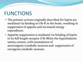 FUNCTIONS
 The primary actions originally described for leptin are
mediated via binding to Ob-R in the brain, resulting in
suppression of appeite and increased energy
expenditure.
 Appetite suppression is mediated via binding of leptin
to its full length receptor (Ob-Rb)in the hypothalamic
satiety centres, with stumulation of
anorexigenic/catabolic neurons and suppression of
orexigenic/anabolic neurons
 