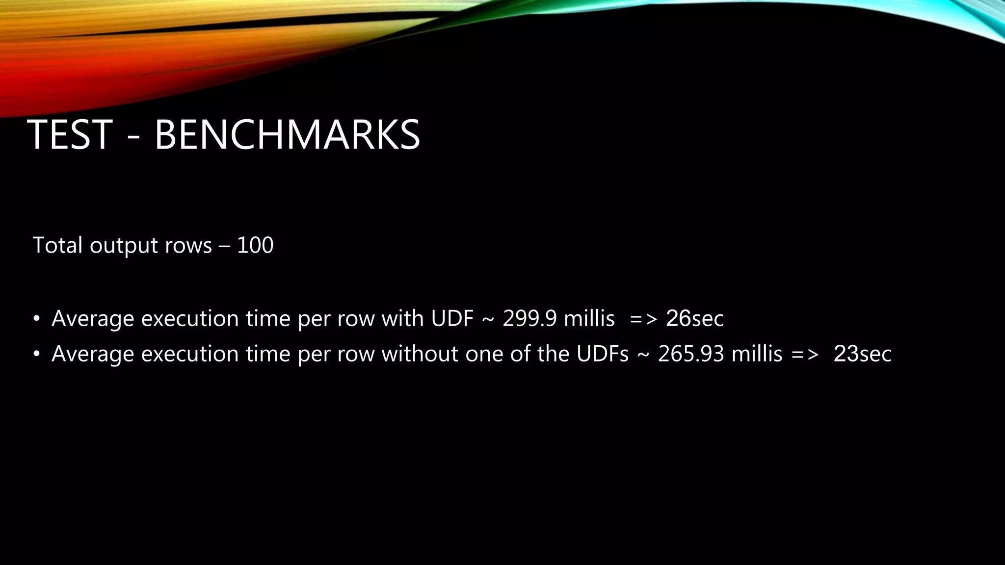 TEST - BENCHMARKS
Total output rows – 100
• Average execution time per row with UDF ~ 299.9 millis => 26sec
• Average execution time per row without one of the UDFs ~ 265.93 millis => 23sec
 