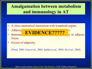 Major credit seminar, Dept of Vety. Biochemistry, VCH, Hebbal, Bangalore
Amalgamation between metabolism
and immunology in AT
• A close anatomical interaction with lymphoid organs.
• Adipocytes are far more than lipid-storage cells.
• Immune cells are co-localized with adipocytes in adipose
tissue.
• Excess of adiposity.
(Pond, 2003; Fain et al., 2004; Saillan et al., 2003; Xu et al., 2003)
EVIDENCE?????
 