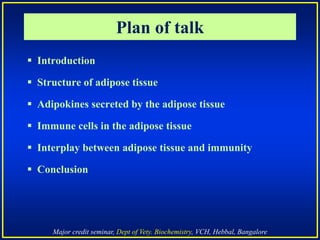 Major credit seminar, Dept of Vety. Biochemistry, VCH, Hebbal, Bangalore
Plan of talk
 Introduction
 Structure of adipose tissue
 Adipokines secreted by the adipose tissue
 Immune cells in the adipose tissue
 Interplay between adipose tissue and immunity
 Conclusion
 