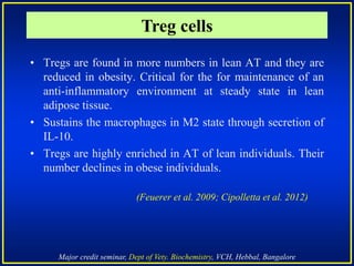 Major credit seminar, Dept of Vety. Biochemistry, VCH, Hebbal, Bangalore
• Tregs are found in more numbers in lean AT and they are
reduced in obesity. Critical for the for maintenance of an
anti-inflammatory environment at steady state in lean
adipose tissue.
• Sustains the macrophages in M2 state through secretion of
IL-10.
• Tregs are highly enriched in AT of lean individuals. Their
number declines in obese individuals.
(Feuerer et al. 2009; Cipolletta et al. 2012)
Treg cells
 