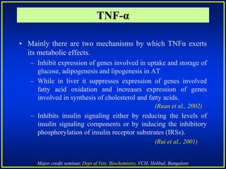 Major credit seminar, Dept of Vety. Biochemistry, VCH, Hebbal, Bangalore
TNF-α
• Mainly there are two mechanisms by which TNFα exerts
its metabolic effects.
– Inhibit expression of genes involved in uptake and storage of
glucose, adipogenesis and lipogenesis in AT
– While in liver it suppresses expression of genes involved
fatty acid oxidation and increases expression of genes
involved in synthesis of cholesterol and fatty acids.
(Ruan et al., 2002)
– Inhibits insulin signaling either by reducing the levels of
insulin signaling components or by inducing the inhibitory
phosphorylation of insulin receptor substrates (IRSs).
(Rui et al., 2001)
 