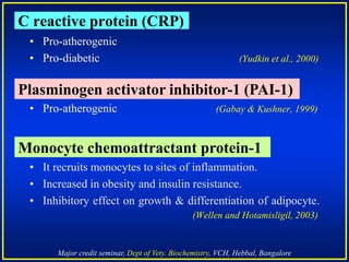 Major credit seminar, Dept of Vety. Biochemistry, VCH, Hebbal, Bangalore
C reactive protein (CRP)
• Pro-atherogenic
• Pro-diabetic (Yudkin et al., 2000)
• Pro-atherogenic (Gabay & Kushner, 1999)
• It recruits monocytes to sites of inflammation.
• Increased in obesity and insulin resistance.
• Inhibitory effect on growth & differentiation of adipocyte.
(Wellen and Hotamisligil, 2003)
Plasminogen activator inhibitor-1 (PAI-1)
Monocyte chemoattractant protein-1
 