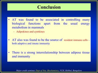 Major credit seminar, Dept of Vety. Biochemistry, VCH, Hebbal, Bangalore
• AT was found to be associated in controlling many
biological functions apart from the usual energy
metabolism in mammals
– Adipokines and cytokines
• AT also was found to be the source of resident immune cells –
both adaptive and innate immunity
• There is a strong interrelationship between adipose tissue
and immunity
Conclusion
 