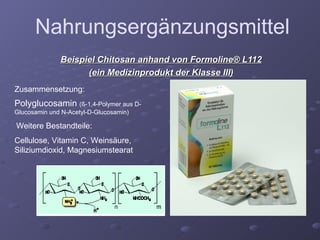 Beispiel Chitosan anhand von Formoline® L112 (ein Medizinprodukt der Klasse III) Zusammensetzung: Polyglucosamin  (ß-1,4-Polymer aus D-Glucosamin und N-Acetyl-D-Glucosamin) Weitere Bestandteile: Cellulose, Vitamin C, Weinsäure, Siliziumdioxid, Magnesiumstearat Nahrungsergänzungsmittel 