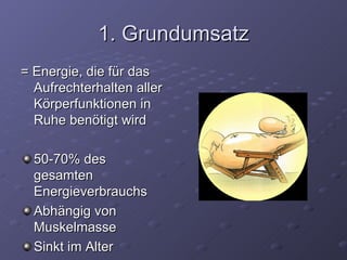 1. Grundumsatz = Energie, die für das Aufrechterhalten aller Körperfunktionen in Ruhe benötigt wird 50-70% des gesamten Energieverbrauchs Abhängig von Muskelmasse Sinkt im Alter 