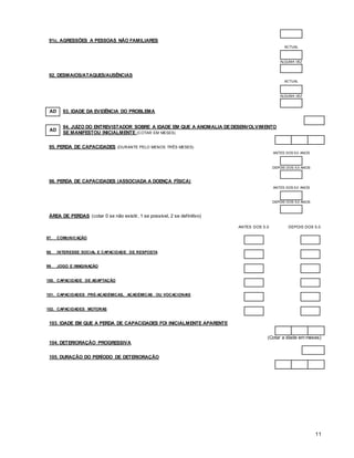 11
91c. AGRESSÕES A PESSOAS NÃO FAMILIARES
ACTUAL
ALGUMA VEZ
92. DESMAIOS/ATAQUES/AUSÊNCIAS
ACTUAL
ALGUMA VEZ
AD 93. IDADE DA EVIDÊNCIA DO PROBLEMA
AD
94. JUÍZO DO ENTREVISTADOR SOBRE A IDADE EM QUE A ANOMALIA DE DESENVOLVIMENTO
SE MANIFESTOU INICIALMENTE (COTAR EM MESES)
95. PERDA DE CAPACIDADES (DURANTE PELO MENOS TRÊS MESES)
ANTES DOS 5.0 ANOS
DEPOIS DOS 5.0 ANOS
96. PERDA DE CAPACIDADES (ASSOCIADA A DOENÇA FÍSICA)
ANTES DOS 5.0 ANOS
DEPOIS DOS 5.0 ANOS
ÁREA DE PERDAS (cotar 0 se não existir, 1 se possível, 2 se definitivo)
ANTES DOS 5.0 DEPOIS DOS 5.0
97. COMUNICAÇÃO
98. INTERESSE SOCIAL E CAPACIDADE DE RESPOSTA
99. JOGO E IMAGINAÇÃO
100. CAPACIDADE DE ADAPTAÇÃO
101. CAPACIDADES PRÉ-ACADÉMICAS, ACADÉMICAS OU VOCACIONAIS
102. CAPACIDADES MOTORAS
103. IDADE EM QUE A PERDA DE CAPACIDADES FOI INICIALMENTE APARENTE
(Cotar a idade em meses)
104. DETERIORAÇÃO PROGRESSIVA
105. DURAÇÃO DO PERÍODO DE DETERIORAÇÃO
 