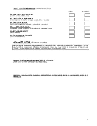 12
106/111. CAPACIDADES ESPECIAIS (PARA TODOS OS SUJEITOS)
ACTUAL ALGUMA VEZ
106. HABILIDADES VISUO-ESPACIAIS
(puzzles, formas, padrões, etc.)
107. CAPACIDADE DE MEMORIZAÇÃ
(memória precisa de detalhes como por exemplo, datas e tabuada)
108. CAPACIDADE MUSICAL
(reconhecer, composição, execução e colocação de voz no tom)
109. CAPACIDADE GRÁFICA
(capacidade invulgar no desenho em perspectiva ou criatividade gráfica)
109. CAPACIDADES LEITURA
(leitura precoce)
110. CAPACIDADES DE CÁLCULOS
(cálculo mental aritmético)
AVALIAÇÃO GERAL (NÃO REQUER COTAÇÃO)
Há mais algum aspecto no comportamento da sua criança que o preocupe em particular? (EXPLORAR SÓ SE FOR
RELEVANTE EM ALGUM DOS CÓDIGOS ESPECIFICADOS ATRÁS OU PARA FAZER O DIAGNÓSTICO DIFERENCIAL DE
AUTISMO) Há mais alguma coisa de que ainda não falámos e que gostasse de nos contar?
IMPRESSÕES E CIRCUNSTÂNCIAS DA ENTREVISTA (DESCREVA)
(TOME NOTA SE FIZER UM REGISTO EM VÍDEO/AUDIO)
DESCREVA SUMARIAMENTE ALGUMAS DISCREPÂNCIAS ENCONTRADAS ENTRE A INFORMAÇÃO DADA E A
OBSERVADA
 