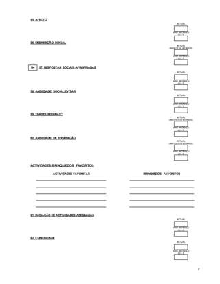 7
55. AFECTO
ACTUAL
MAIS ANÓMALO
4.0 – 5.
56. DESINIBIÇÃO SOCIAL
ACTUAL
(MENOS DE 4.0 ANOS)
MAIS ANÓMALO
4.0 – 5.
B4 57. RESPOSTAS SOCIAIS APROPRIADAS
ACTUAL
MAIS ANÓMALO
4.0 – 5.
58. ANSIEDADE SOCIAL/EVITAR
ACTUAL
MAIS ANÓMALO
4.0 – 5.
59. “BASES SEGURAS”
ACTUAL
(ANTES DOS 4.0 ANOS)
MAIS ANÓMALO
4.0 – 5.
60. ANSIEDADE DE SEPARAÇÃO
ACTUAL
(ANTES DOS 4.0 ANOS)
MAIS ANÓMALO
4.0 – 5.
ACTIVIDADES/BRINQUEDOS FAVORITOS
ACTIVIDADES FAVORITAS BRINQUEDOS FAVORITOS
61. INICIAÇÃO DE ACTIVIDADES ADEQUADAS
ACTUAL
MAIS ANÓMALO
4.0 – 5.
62. CURIOSIDADE
ACTUAL
MAIS ANÓMALO
4.0 – 5.
 