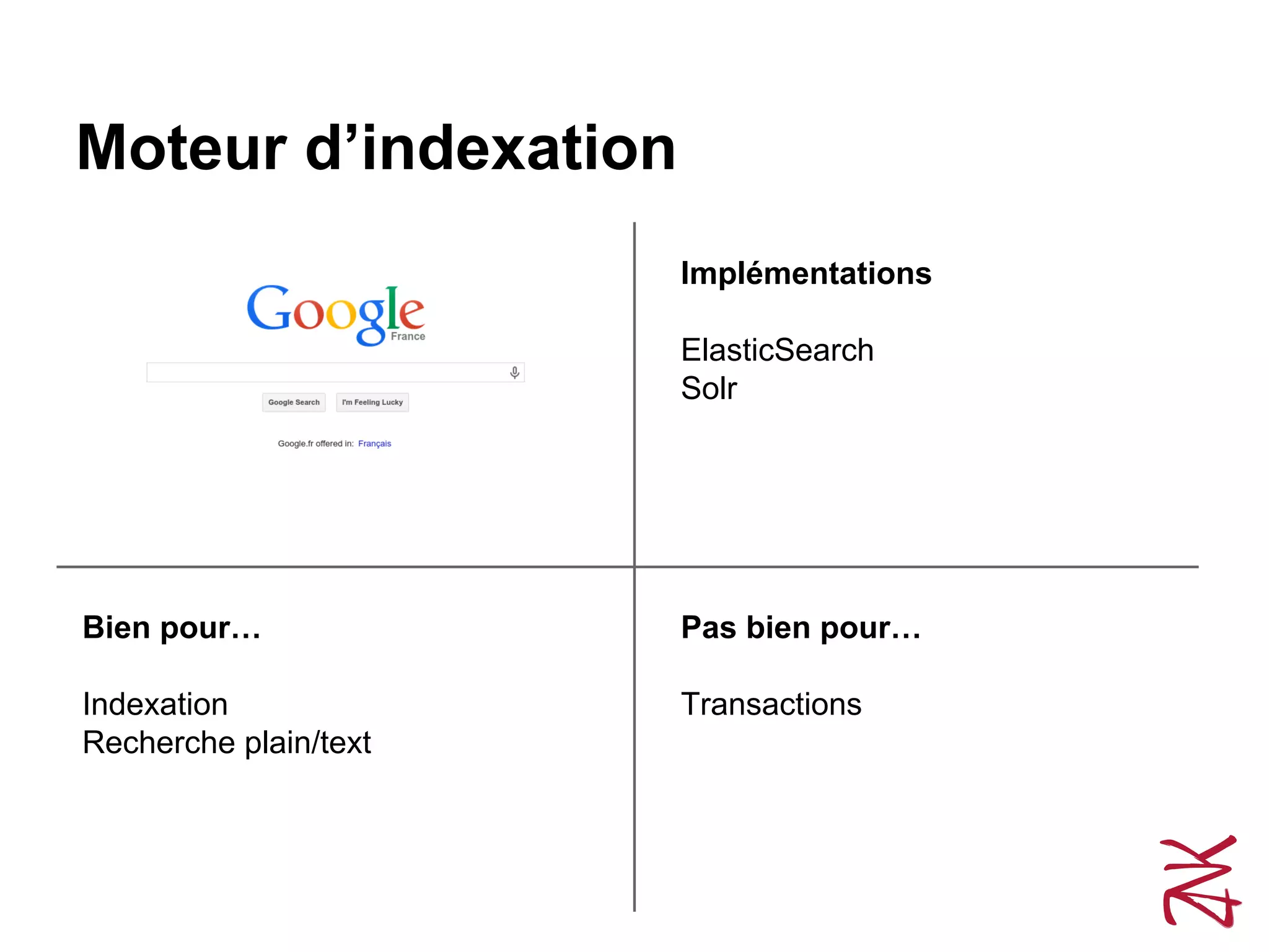 Moteur d’indexation
Pas bien pour…
Transactions
Bien pour…
Indexation
Recherche plain/text
Implémentations
ElasticSearch
Solr
 