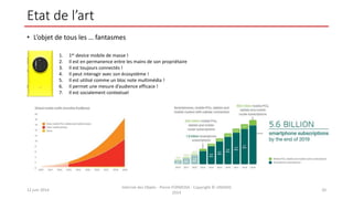 Etat de l’art
• L’objet de tous les … fantasmes
12 juin 2014
Internet des Objets - Pierre FORMOSA - Copyright © UMANIS
2014
20
1. 1er device mobile de masse !
2. Il est en permanence entre les mains de son propriétaire
3. Il est toujours connectés !
4. Il peut interagir avec son écosystème !
5. Il est utilisé comme un bloc note multimédia !
6. Il permet une mesure d’audience efficace !
7. Il est socialement contextuel
 