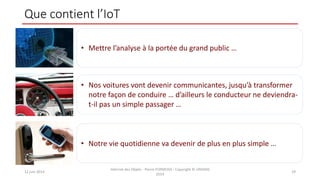 Que contient l’IoT
12 juin 2014
Internet des Objets - Pierre FORMOSA - Copyright © UMANIS
2014
29
• Mettre l’analyse à la portée du grand public …
• Nos voitures vont devenir communicantes, jusqu’à transformer
notre façon de conduire … d’ailleurs le conducteur ne deviendra-
t-il pas un simple passager …
• Notre vie quotidienne va devenir de plus en plus simple …
 