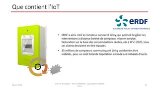 Que contient l’IoT
12 juin 2014
Internet des Objets - Pierre FORMOSA - Copyright © UMANIS
2014
33
• ERDF a ainsi créé le compteur connecté Linky, qui permet de gérer les
interventions à distance (relevé de compteur, mise en service,
facturation sur la base des consommations réelles, etc.). D’ici 2020, tous
ses clients devraient en être équipés.
• 35 millions de compteurs communiquant Linky qui doivent être
installés, pour un coût total de l’opération estimée à 4 milliards d’euros
 