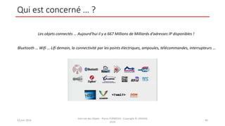 Qui est concerné … ?
12 juin 2014
Internet des Objets - Pierre FORMOSA - Copyright © UMANIS
2014
40
Les objets connectés … Aujourd’hui il y a 667 Millions de Milliards d’adresses IP disponibles !
Bluetooth … Wifi … Lifi demain, la connectivité par les points électriques, ampoules, télécommandes, interrupteurs …
 