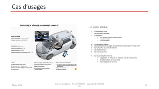 Cas d’usages
12 juin 2014
Internet des Objets - Pierre FORMOSA - Copyright © UMANIS
2014
50
Les services attendus :
1. L’information trafic
2. Le véhicule autonome
3. L’assistance :
• A la conduite, sécurité active et passive
• Au stationnement
• En cas d’urgence
4. L’information météo
5. La planification du voyage, et l’optimisation du trajet en temps réel
6. La recherche de points d’intérêts
7. Le divertissement
8. La communication
9. Services complémentaires :
• La gestion du véhicule en relation avec le constructeur
• L’optimisation de l’assurance
• Conciergerie de services
 