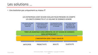 Les solutions …
• Une évolution pas uniquement au niveau IT
12 juin 2014
Internet des Objets - Pierre FORMOSA - Copyright © UMANIS
2014
59
LES ENTREPRISES VONT DEVOIR EVOLUER POUR PRENDRE EN COMPTE
LES OBJETS CONNECTES ET LE VOLUME DE DONNEES GENERE
LES USAGES METIERS
VONT DEVOIR
S’ADAPTER
LES INFRASTRUCTURES
VONT DEVOIR EVOLUER
ET S’OUVRIR
LES SI VONT DEVOIR
ABSORBER UNE
VOLUMETRIE SANS
CESSE CROISSANTE
LES NOUVEAUX USAGE
VONT IMPOSER DE
NOUVELLES REGLES
DE FABRICATION
TIRER UN AVANTAGE CONCURRENTIEL DE CET OCEAN DE DONNEES
SERA DIFFRENCIANT !
L’INNOVATION SERA L’ENJEU MAJEUR
ANTICIPER PROACTIVITE AGILITE ELASTICITE
 