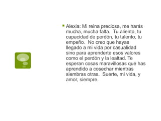 Alexia: Mi reina preciosa, me harás mucha, mucha falta.  Tu aliento, tu capacidad de perdón, tu talento, tu empeño.  No creo que hayas llegado a mi vida por casualidad sino para aprenderte esos valores como el perdón y la lealtad. Te esperan cosas maravillosas que has aprendido a cosechar mientras siembras otras.  Suerte, mi vida, y amor, siempre.