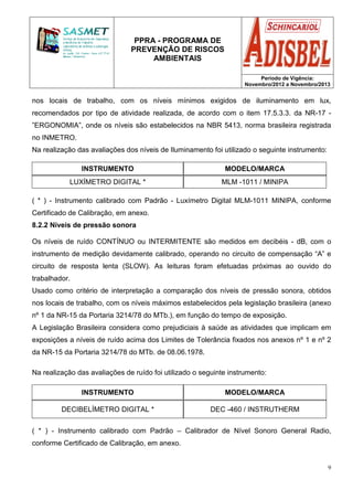 PPRA - PROGRAMA DE
PREVENÇÃO DE RISCOS
AMBIENTAIS
Período de Vigência:
Novembro/2012 a Novembro/2013
9
nos locais de trabalho, com os níveis mínimos exigidos de iluminamento em lux,
recomendados por tipo de atividade realizada, de acordo com o item 17.5.3.3. da NR-17 -
”ERGONOMIA”, onde os níveis são estabelecidos na NBR 5413, norma brasileira registrada
no INMETRO.
Na realização das avaliações dos níveis de Iluminamento foi utilizado o seguinte instrumento:
INSTRUMENTO MODELO/MARCA
LUXÍMETRO DIGITAL * MLM -1011 / MINIPA
( * ) - Instrumento calibrado com Padrão - Luxímetro Digital MLM-1011 MINIPA, conforme
Certificado de Calibração, em anexo.
8.2.2 Níveis de pressão sonora
Os níveis de ruído CONTÍNUO ou INTERMITENTE são medidos em decibéis - dB, com o
instrumento de medição devidamente calibrado, operando no circuito de compensação “A” e
circuito de resposta lenta (SLOW). As leituras foram efetuadas próximas ao ouvido do
trabalhador.
Usado como critério de interpretação a comparação dos níveis de pressão sonora, obtidos
nos locais de trabalho, com os níveis máximos estabelecidos pela legislação brasileira (anexo
nº 1 da NR-15 da Portaria 3214/78 do MTb.), em função do tempo de exposição.
A Legislação Brasileira considera como prejudiciais à saúde as atividades que implicam em
exposições a níveis de ruído acima dos Limites de Tolerância fixados nos anexos nº 1 e nº 2
da NR-15 da Portaria 3214/78 do MTb. de 08.06.1978.
Na realização das avaliações de ruído foi utilizado o seguinte instrumento:
INSTRUMENTO MODELO/MARCA
DECIBELÍMETRO DIGITAL * DEC -460 / INSTRUTHERM
( * ) - Instrumento calibrado com Padrão – Calibrador de Nível Sonoro General Radio,
conforme Certificado de Calibração, em anexo.
 